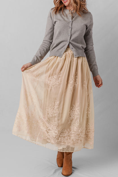 Jupe longue fluide en tulle brodé couleur avoine