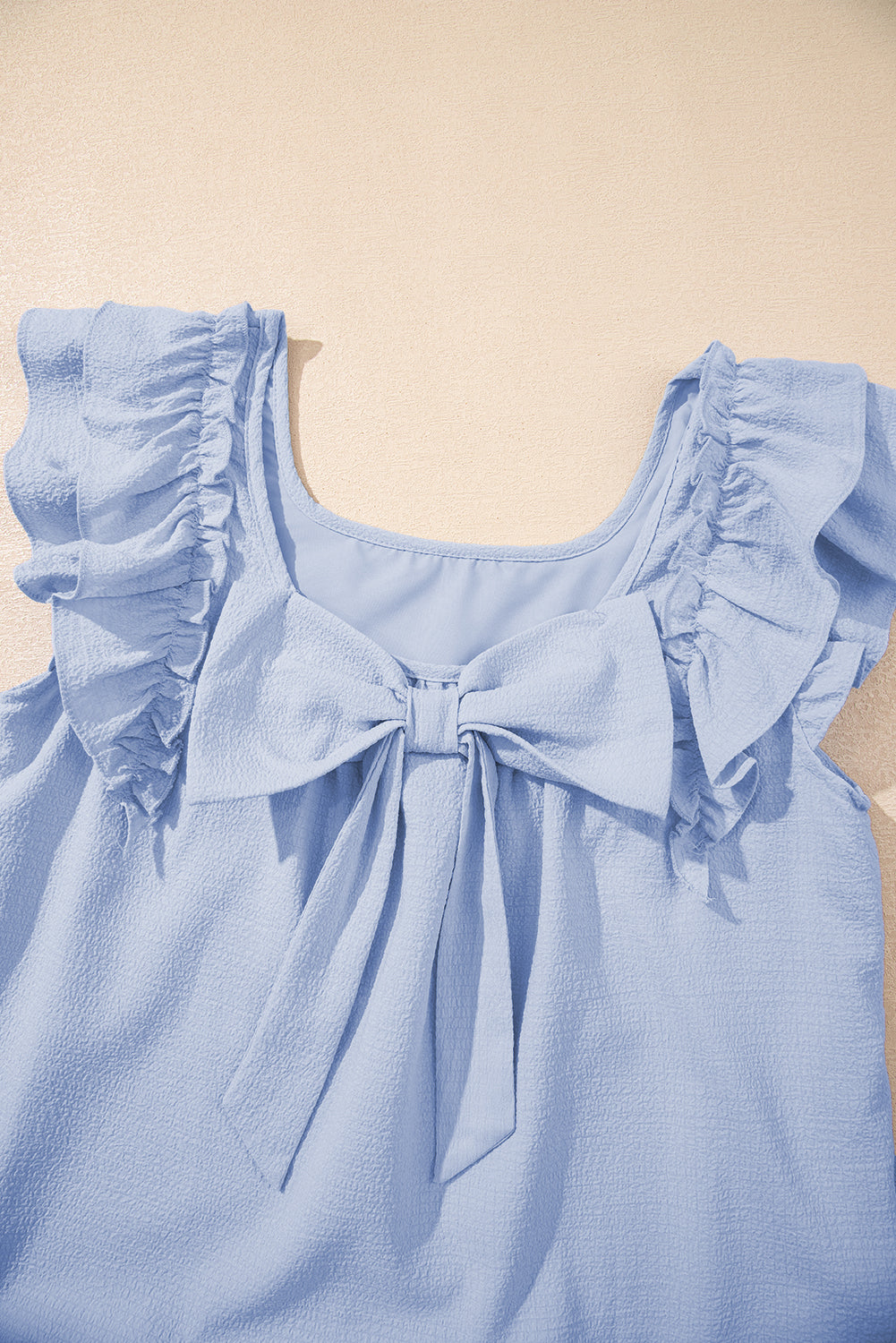 Beau Blue Textured Flutter Sleeve Square Neck Bow Back Mini Dress