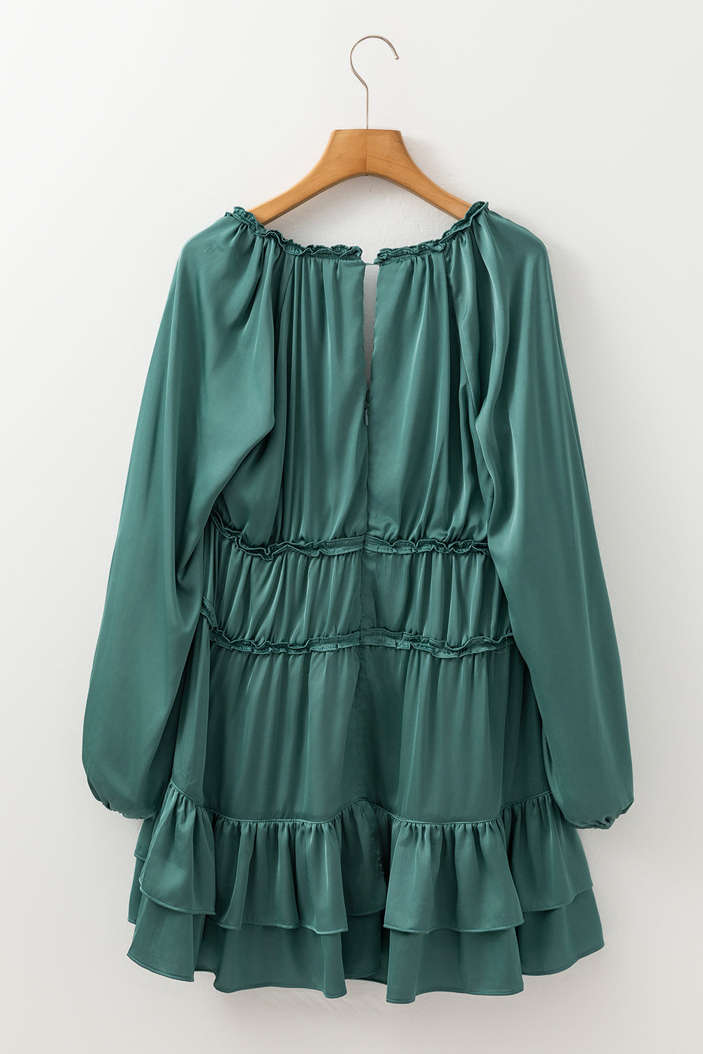 Robe Courte Évasée et Ample Manches Bouffantes à Volants Étagés Vert Brume