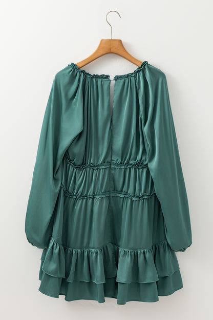 Robe Courte Évasée et Ample Manches Bouffantes à Volants Étagés Vert Brume