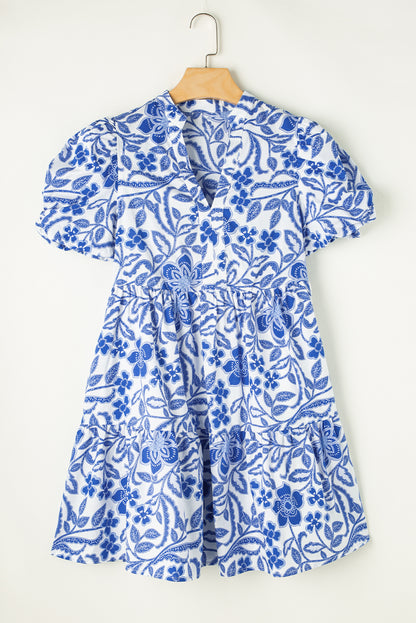 Robe étagée à manches bouffantes imprimé fleurs bleues