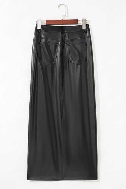 Jupe longue fendue en similicuir noir