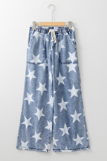 Jean large bleu clair à motif étoile délavé avec cordon de serrage et taille élastique