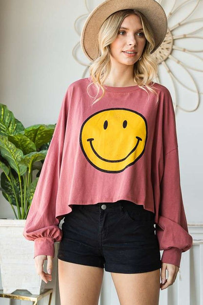 SMILEY FACE LONG SLEEVE CROP TOP