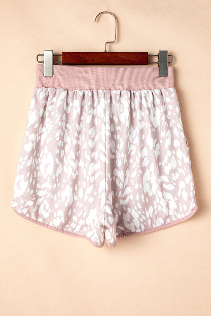 Khaki Classic Leopard Arched Hem Elastic Waistband Casual Shorts