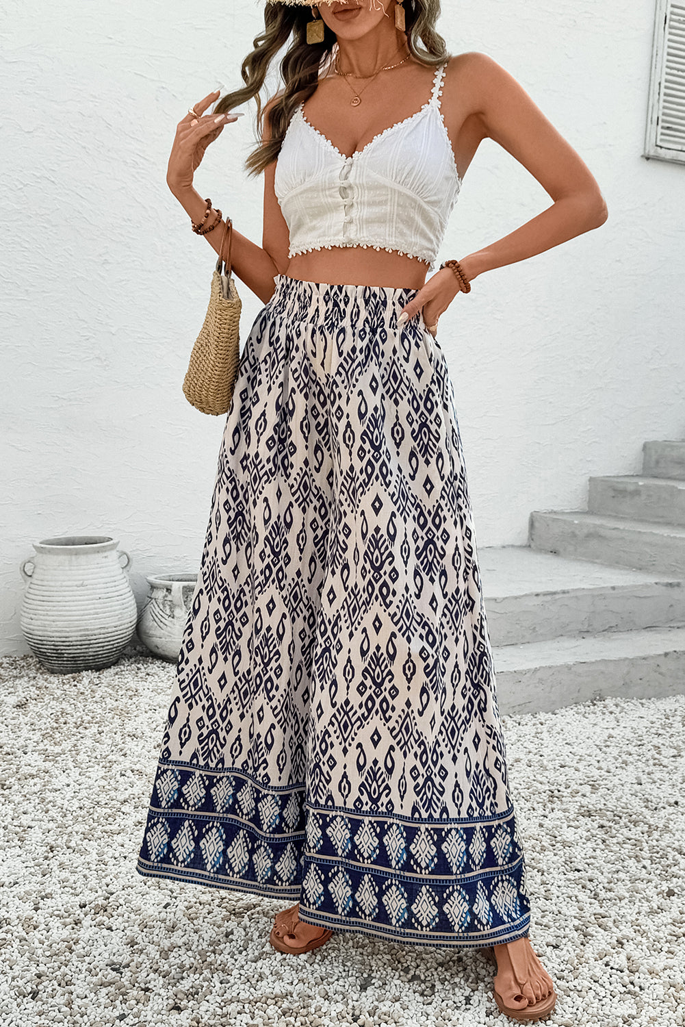 Pantalon ample taille haute à imprimé motif bohème bleu