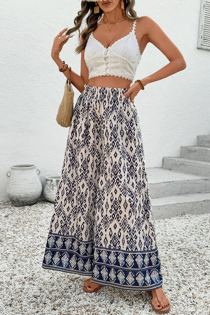 Pantalon ample taille haute à imprimé motif bohème bleu