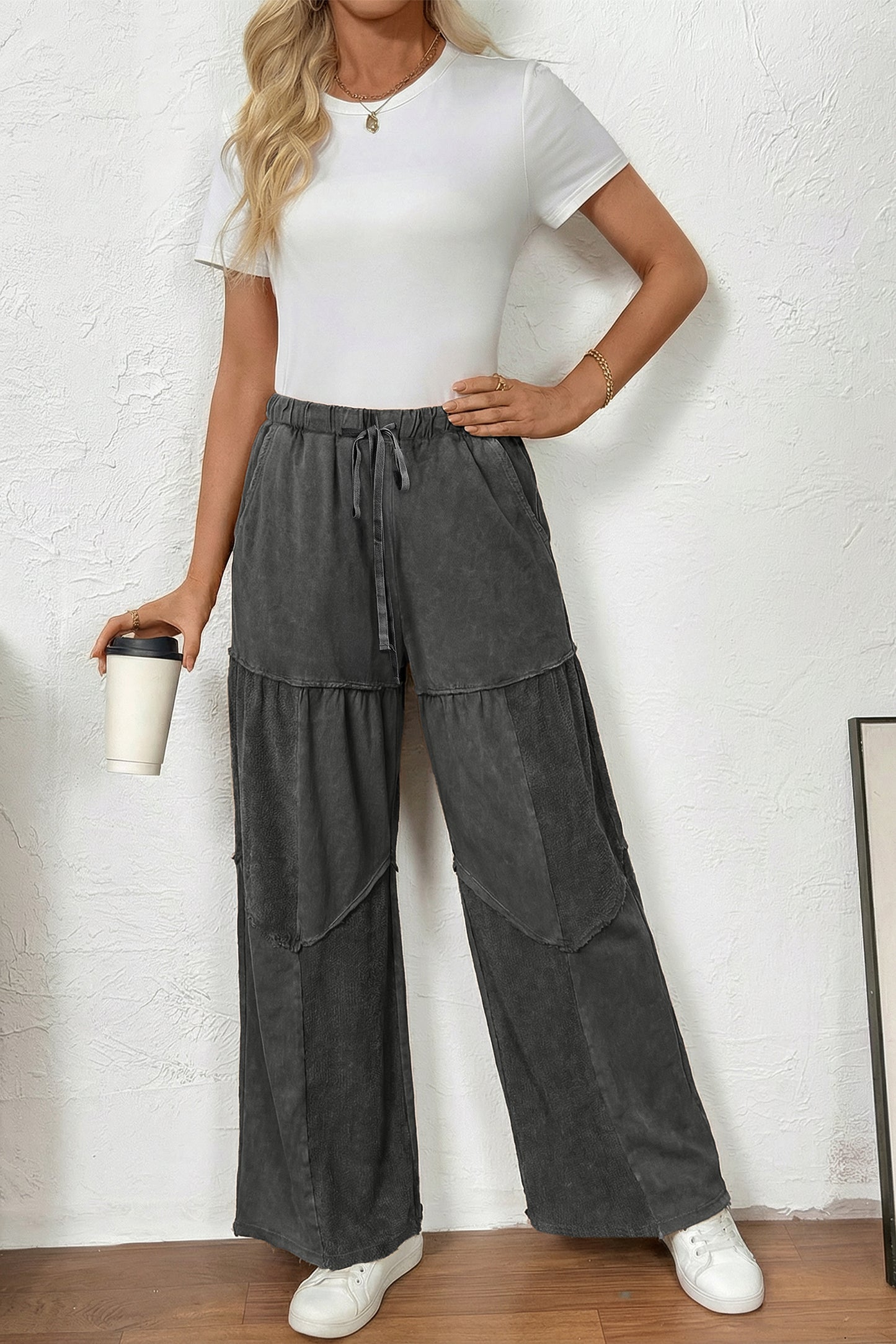 Pantalon ample à cordons en patchwork, superpositionné, noir délavé minéral