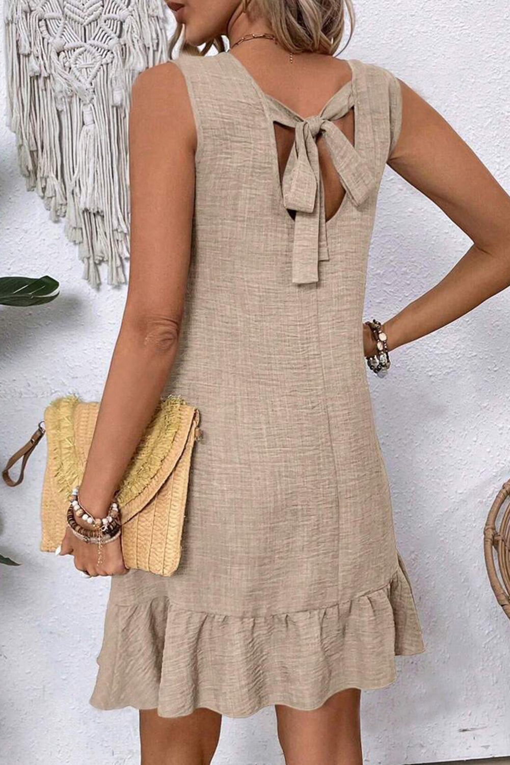 Robe Courte Sans Manches Gris Fumé à Nœud, Dos Rond Échancré et Volants à l'Ourlet
