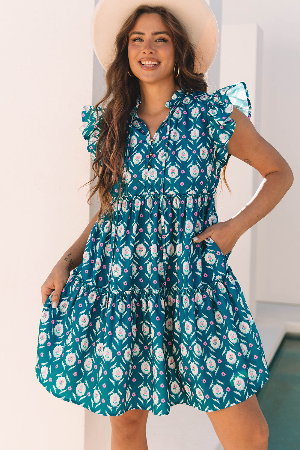 Robe bleu imprimé floral rétro col tunisien manches courtes à volants