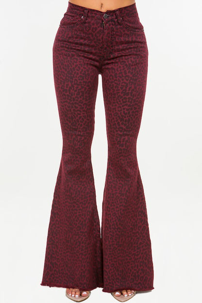 Leopard Bell Bottom Jean in Burgundy- Inseam 32