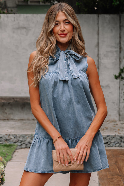 Robe sans manches en chambray volantée à nœud papillon bleu sarcelle véritable