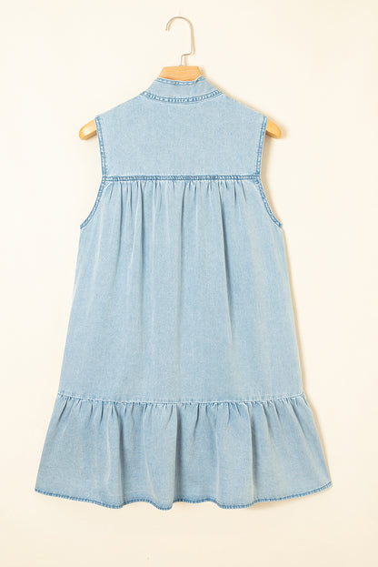 Beau Blue Bowknot Neck Sleeveless Ruffled Chambray Dress