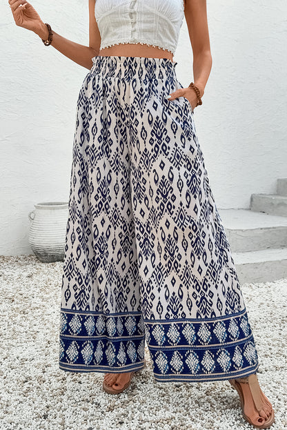 Pantalon ample taille haute à imprimé motif bohème bleu