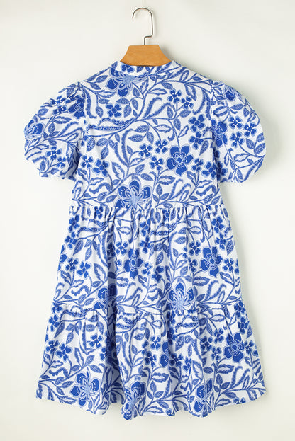 Robe étagée à manches bouffantes imprimé fleurs bleues