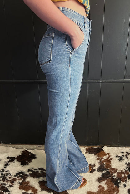 Jean bootcut taille haute bleu crépuscule à 2 boutons et liseré