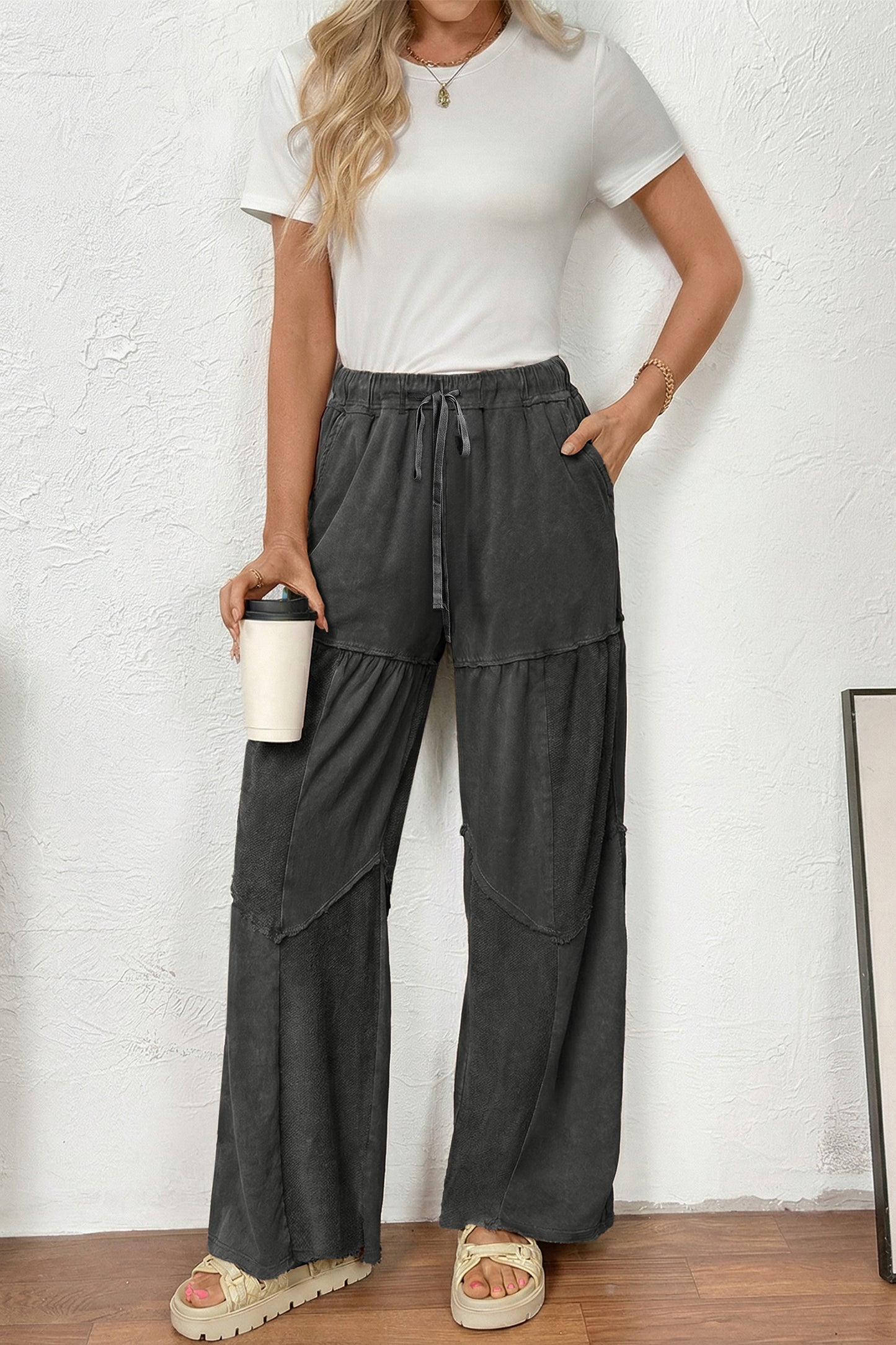 Pantalon ample à cordons en patchwork, superpositionné, noir délavé minéral