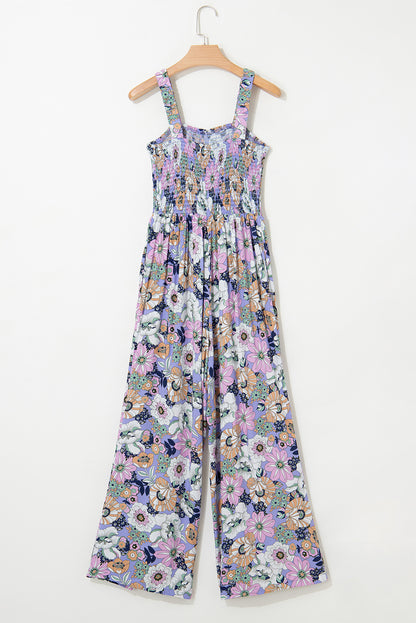 Purple Floral Print Smocked High Waist Square Neck Jumpsuit