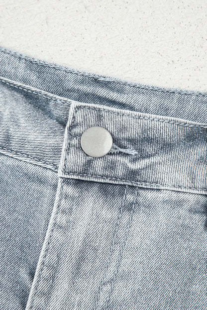 Short en jean taille haute délavé bleu crépuscule à ourlet festonné