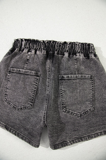 High Drawstring Elastic Waistband Casual Denim Shorts with Pockets