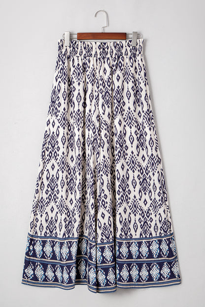 Pantalon ample taille haute à imprimé motif bohème bleu