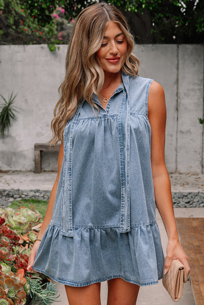 Robe sans manches en chambray volantée à nœud papillon bleu sarcelle véritable