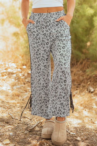 Pantalon droit taille haute léopard gris avec nœud latéral