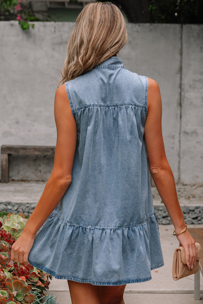 Robe sans manches en chambray volantée à nœud papillon bleu sarcelle véritable