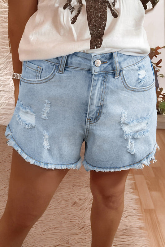 Beau Blue High Rise Distressed Raw Hem Denim Shorts