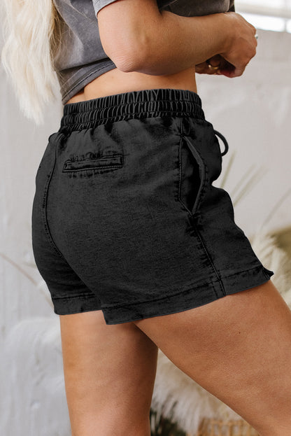 Black Drawstring Elastic Waistband Pocketed Denim Shorts
