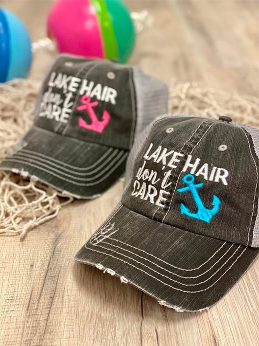 Lake Hair Don't Care Blue Anchor Trucker Hat