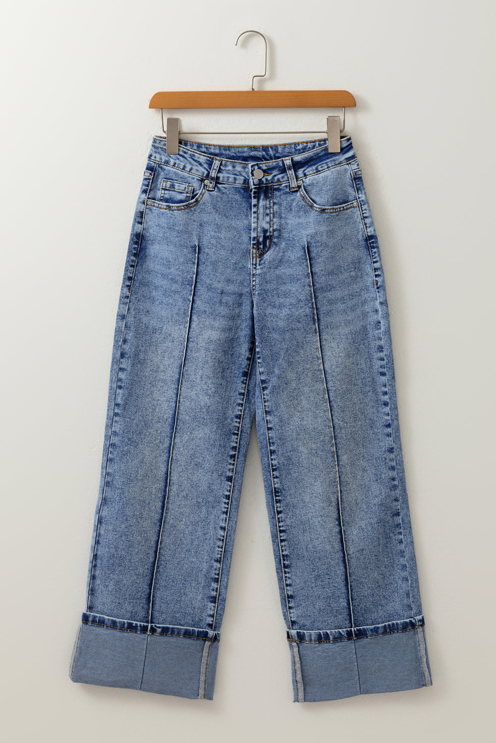 Myosotis Center Seam Cuffed Hem Straight High Waist Jeans