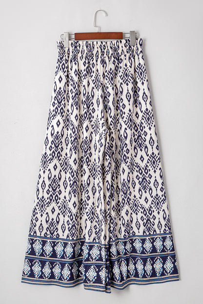 Pantalon ample taille haute à imprimé motif bohème bleu