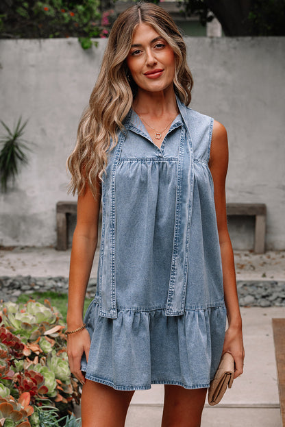 Robe sans manches en chambray volantée à nœud papillon bleu sarcelle véritable