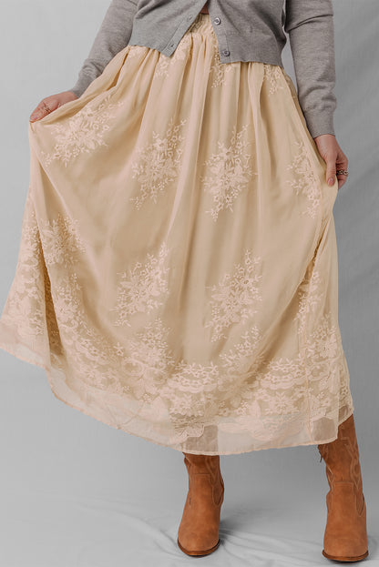 Jupe longue fluide en tulle brodé couleur avoine