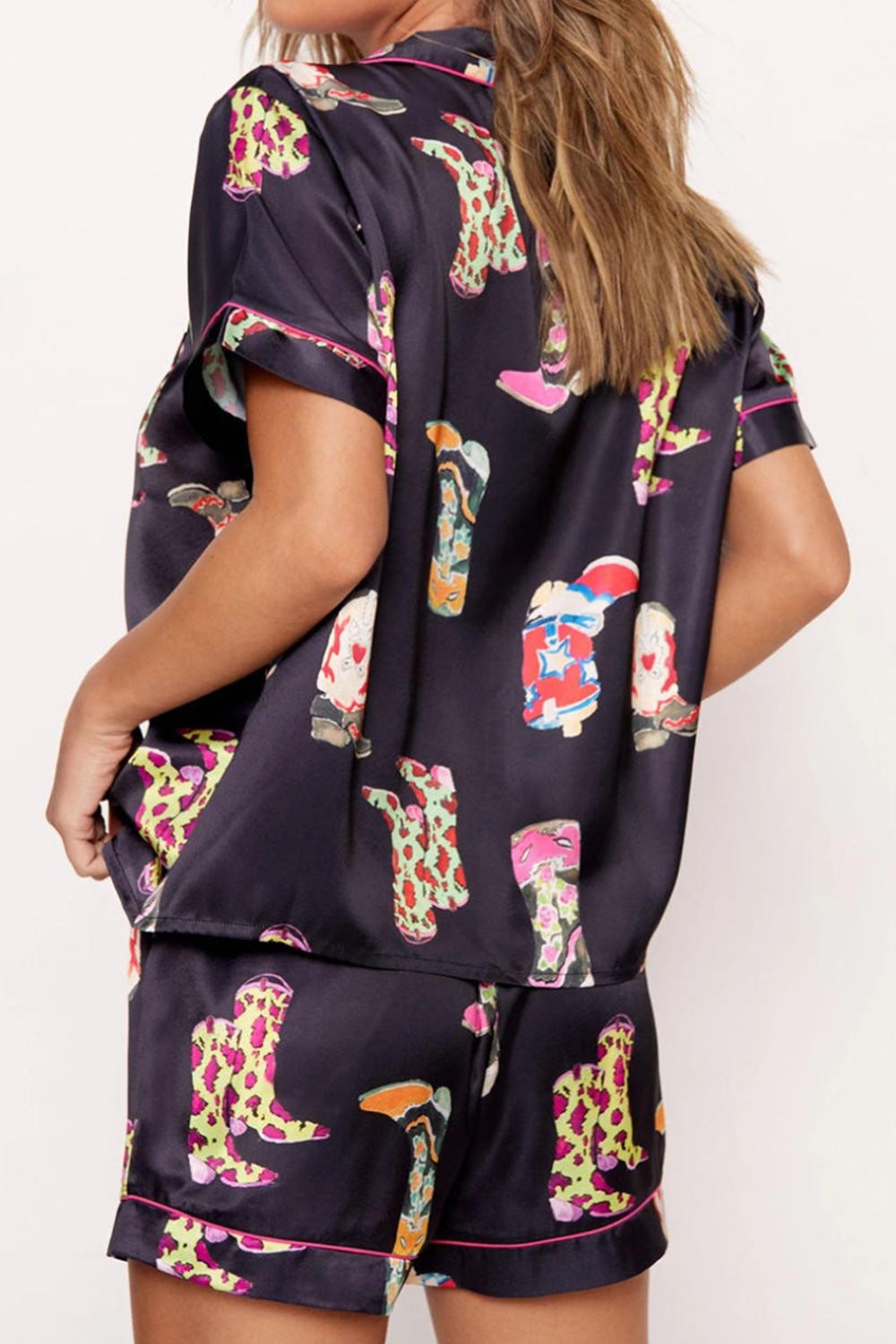 Button Up Short Sleeve Top and Shorts Lounge Set Printed