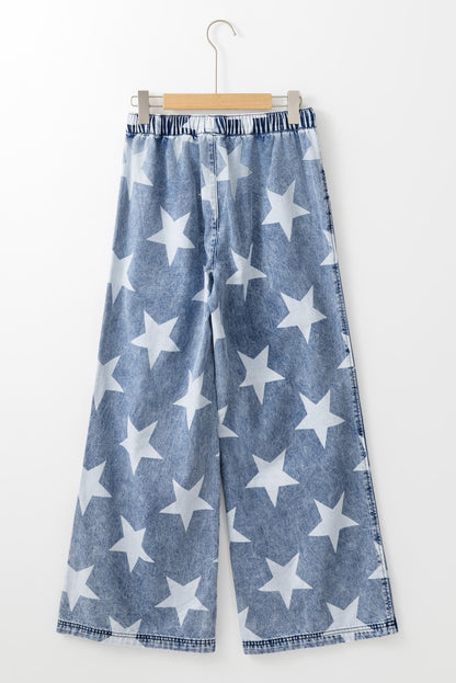 Jean large bleu clair à motif étoile délavé avec cordon de serrage et taille élastique