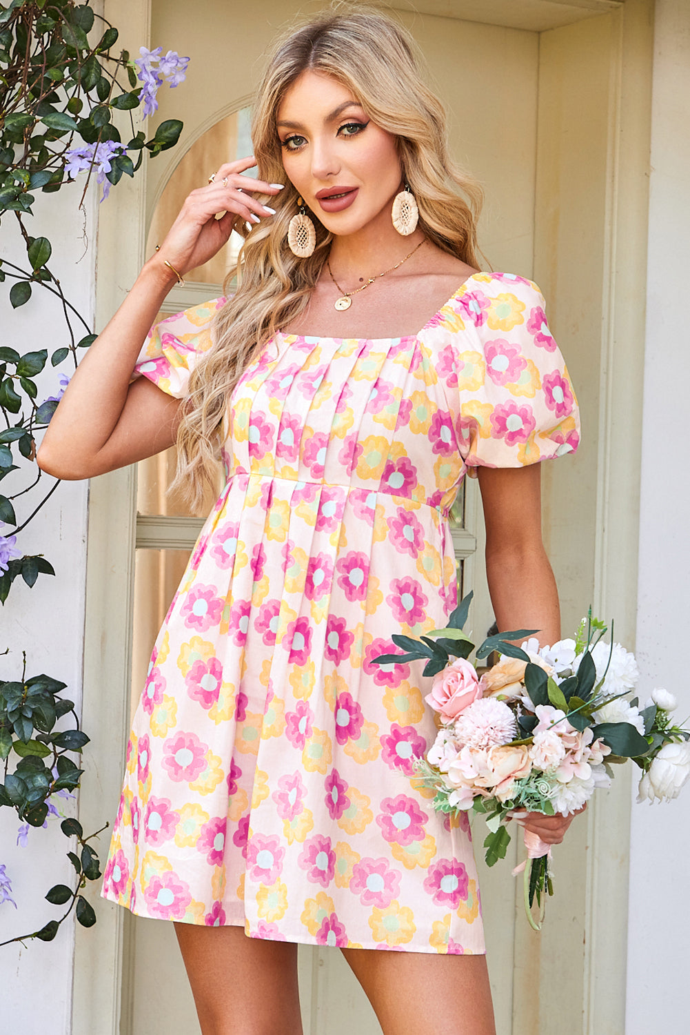 Rose Vibrant Floral Square Neck Puff Sleeve Pleated Flared Mini Dress