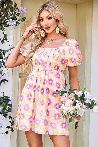 Rose Vibrant Floral Square Neck Puff Sleeve Pleated Flared Mini Dress