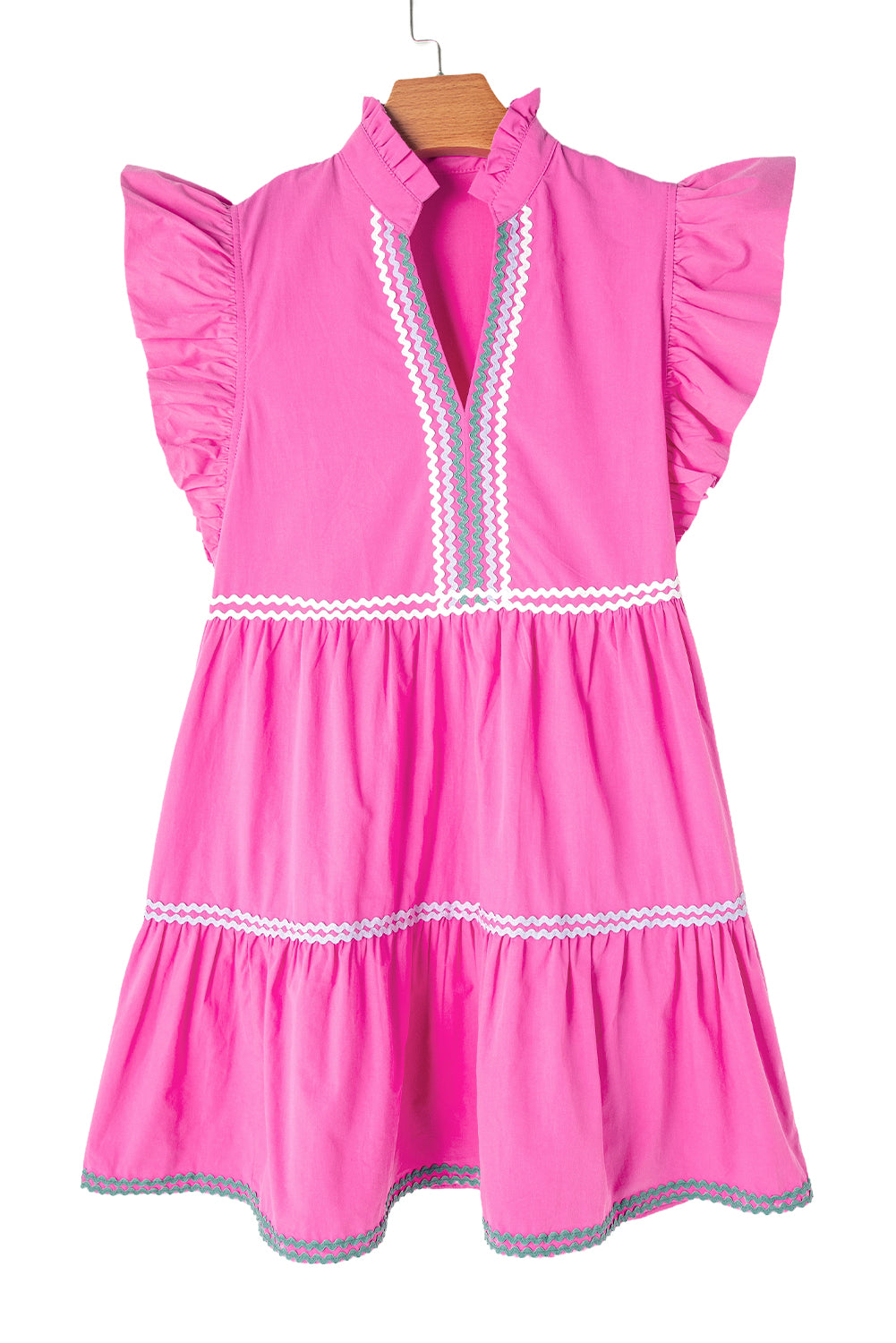 Robe étagée à manches courtes volantées et col en V, colorblock rose fraise et zigzag