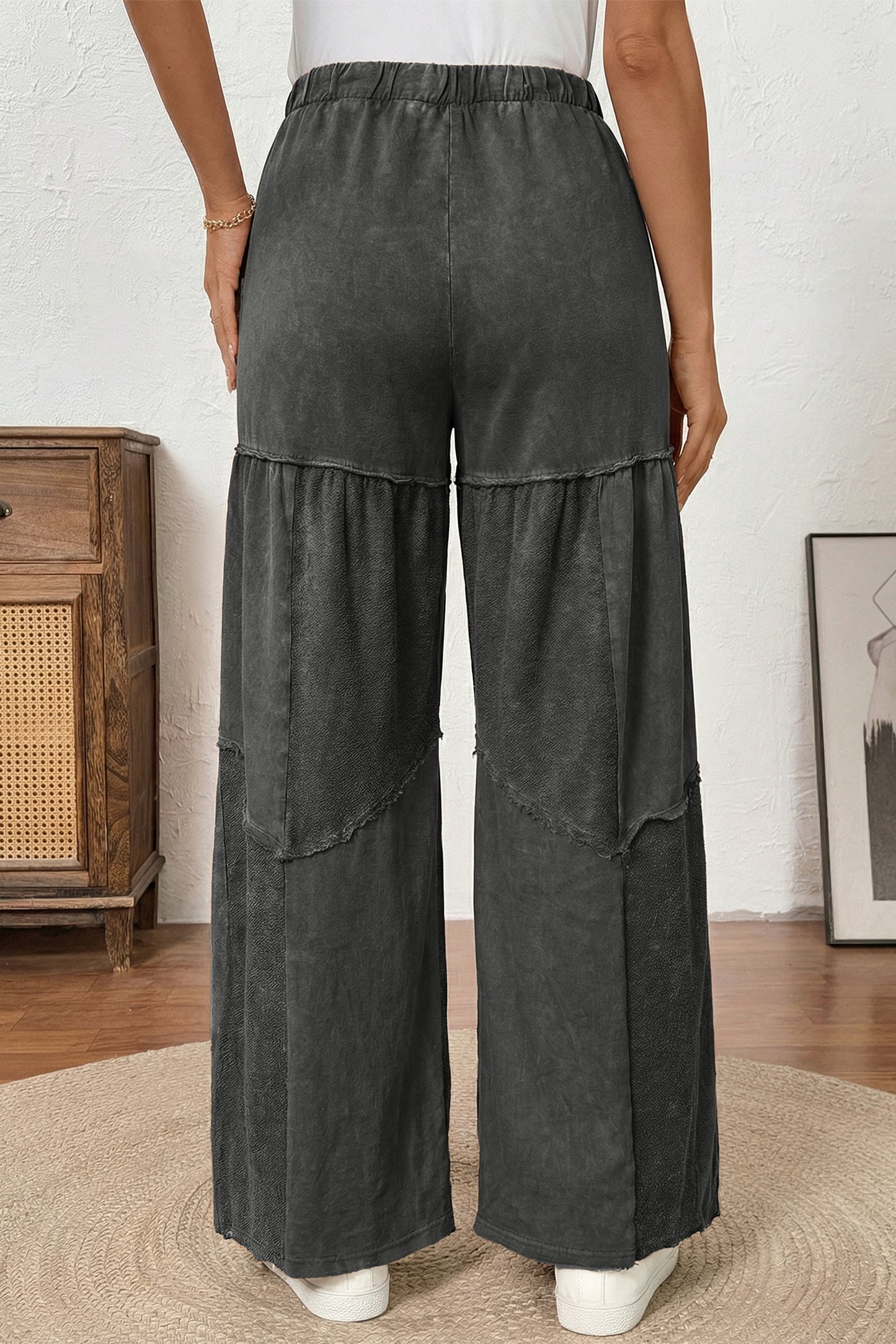 Pantalon ample à cordons en patchwork, superpositionné, noir délavé minéral