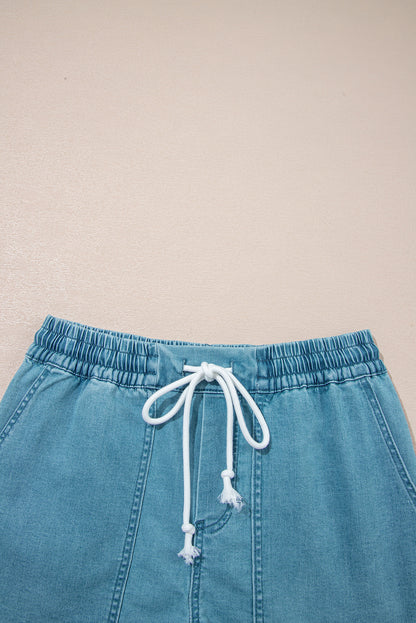 Beau Blue Contrast Drawstring Elastic Waistband Denim Shorts