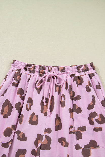 Pantalon ample rose à imprimé léopard et poches plaquées avec cordon de serrage