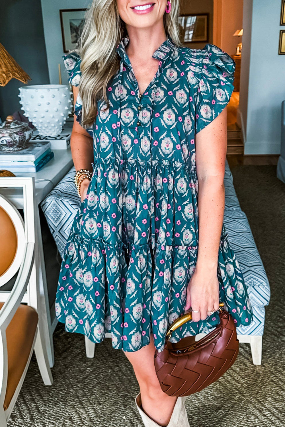 Robe bleu imprimé floral rétro col tunisien manches courtes à volants