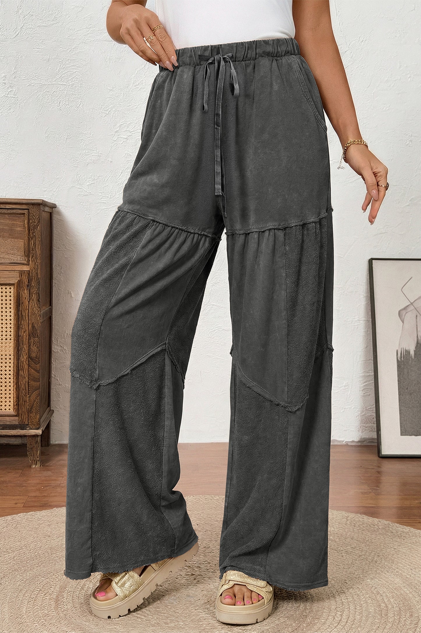 Pantalon ample à cordons en patchwork, superpositionné, noir délavé minéral