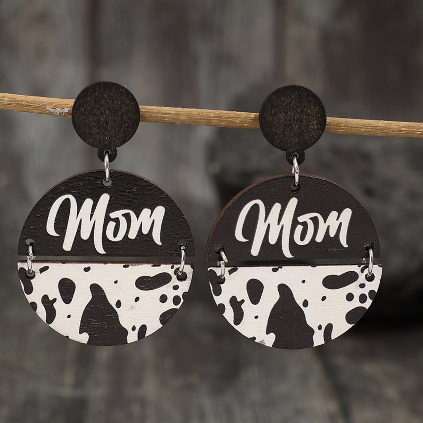 Mama Alloy Wooden Dangle Earrings