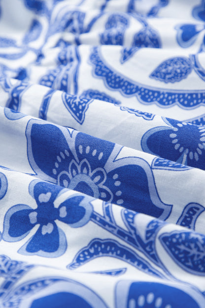Robe étagée à manches bouffantes imprimé fleurs bleues