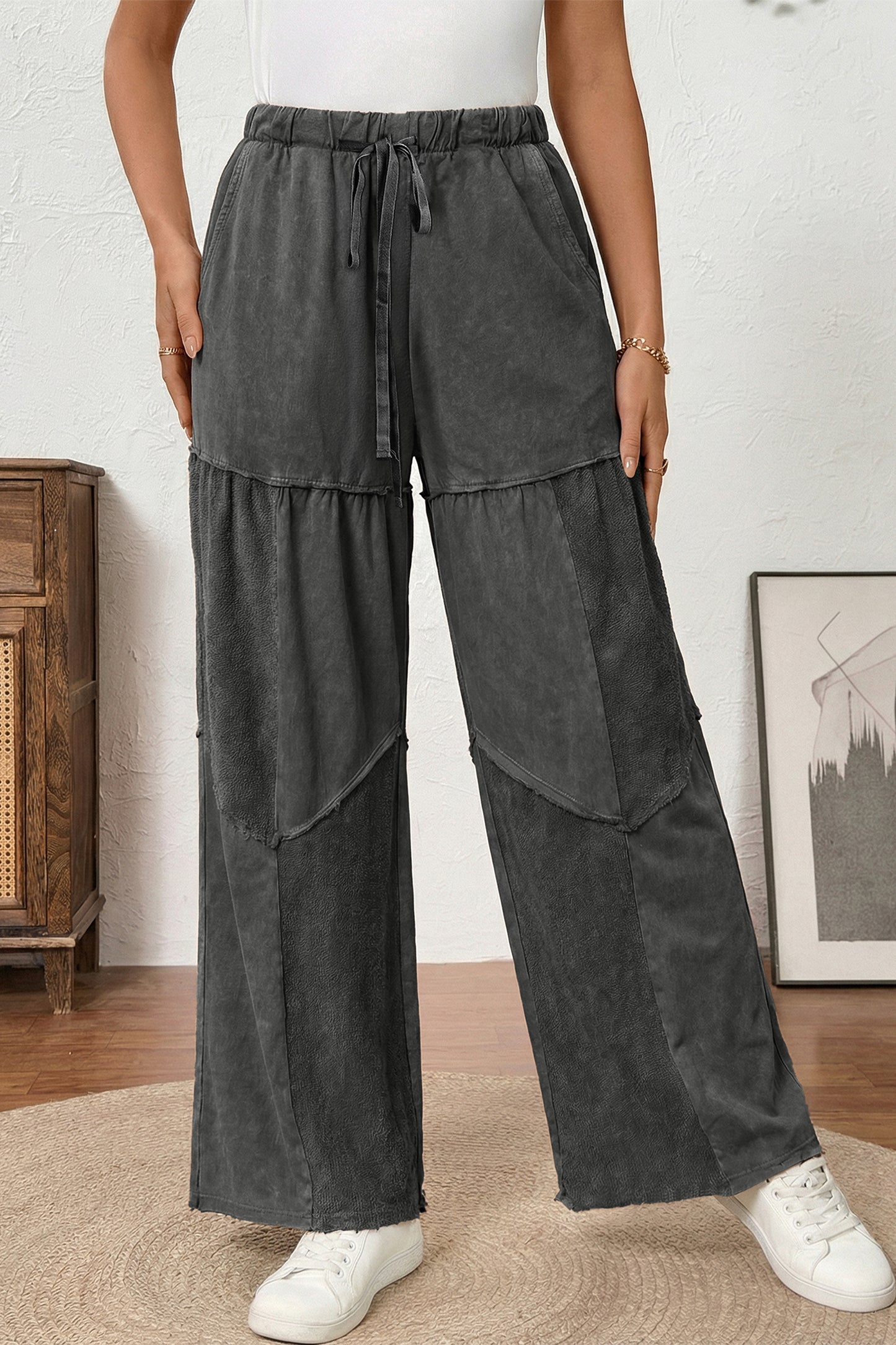 Pantalon ample à cordons en patchwork, superpositionné, noir délavé minéral