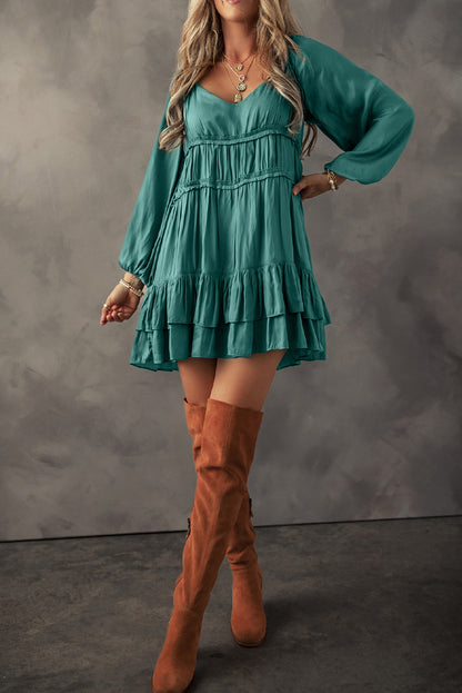 Robe Courte Évasée et Ample Manches Bouffantes à Volants Étagés Vert Brume