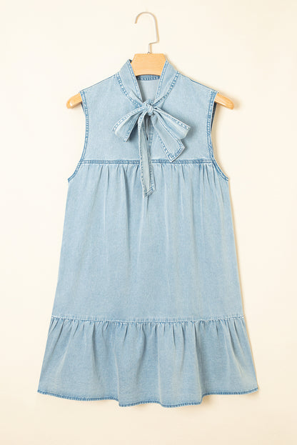 Beau Blue Bowknot Neck Sleeveless Ruffled Chambray Dress